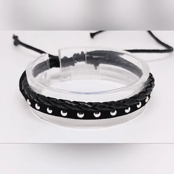 NEW leather‎ bracelet braided layered black e24