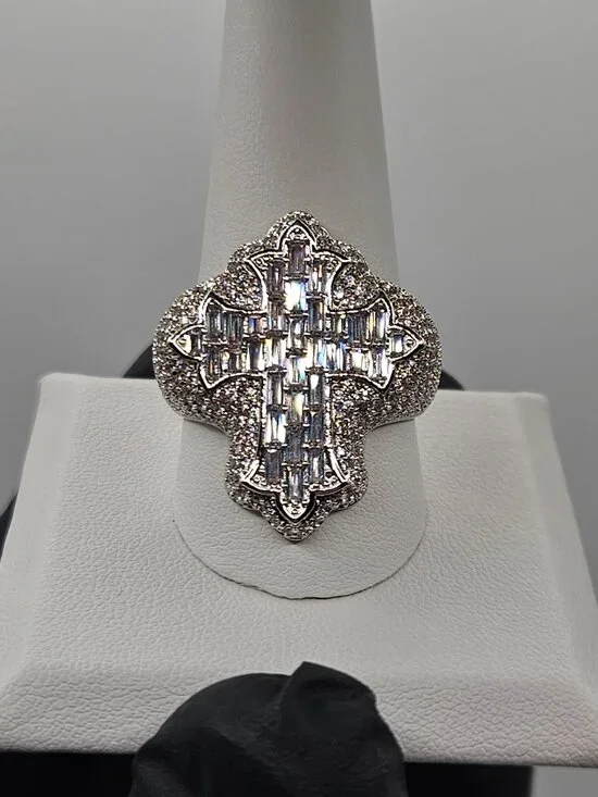 Iced Out Silver Filled Cross Ring 5A CZ Baguette Iced Out Size 11