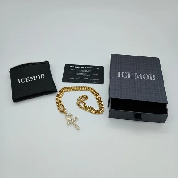 Ice‎ Mob Gold-Tone Cuban Link Chain 20 Inch Iced Out Ankh Cross Pendant Necklace