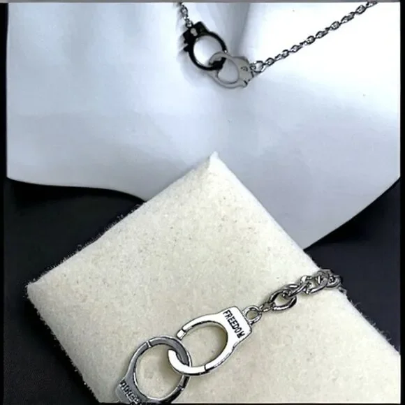 “Freedom” Handcuffs Necklace & Bracelet Custom Set l Stainless Steel l Inscribed