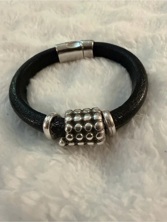SUNDANCE Black Leather Bracelet with Silver Accents.
