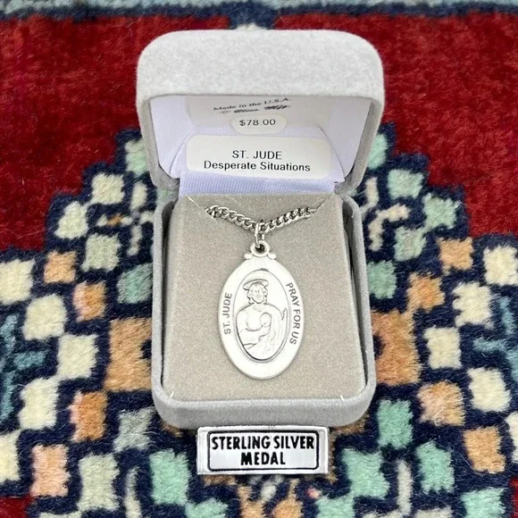 St. Jude Sterling Silver Oval Religious Medal Necklace 24” Heavy Curb Chain