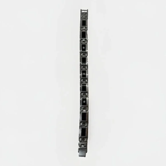Men's Stainless Steel Link Bracelet Black Inlay Silver Tone 8.5