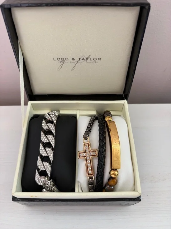 Men's Black and Gold Bracelet Set with Crystal Cross