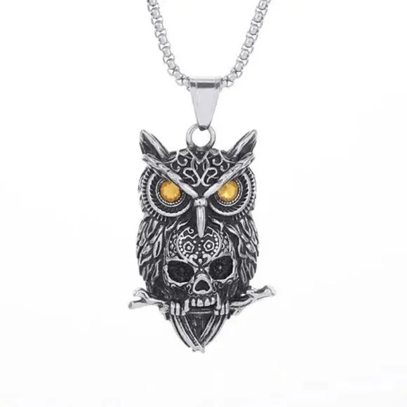 Stainless Steel Gothic Owl Skull Pendant Necklace