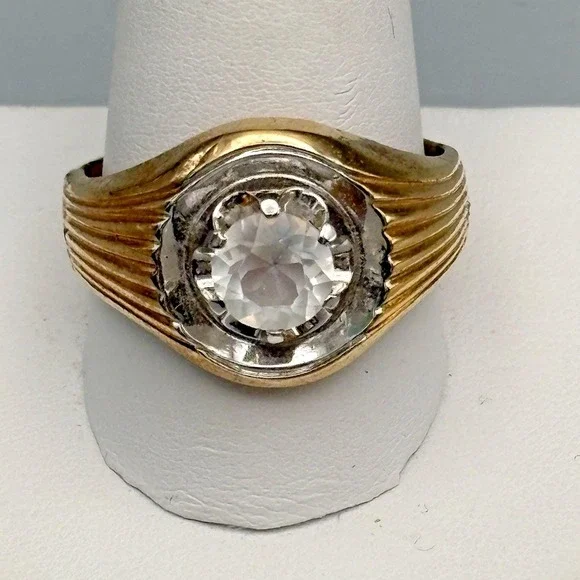 Vintage Mens 10k Gold Filled Ring Clear Stone 12.75 MCM Bold Statement 7.95g