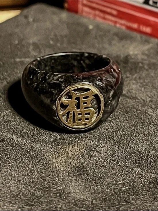 14k Yellow Gold Green Natural Jade Blessings Good Fortune Ring Size 7.5