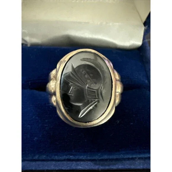 VTG 10K Yellow Gold Ostby & Barton Intaglio Signet Hematite Ring 10.61g Sz 12