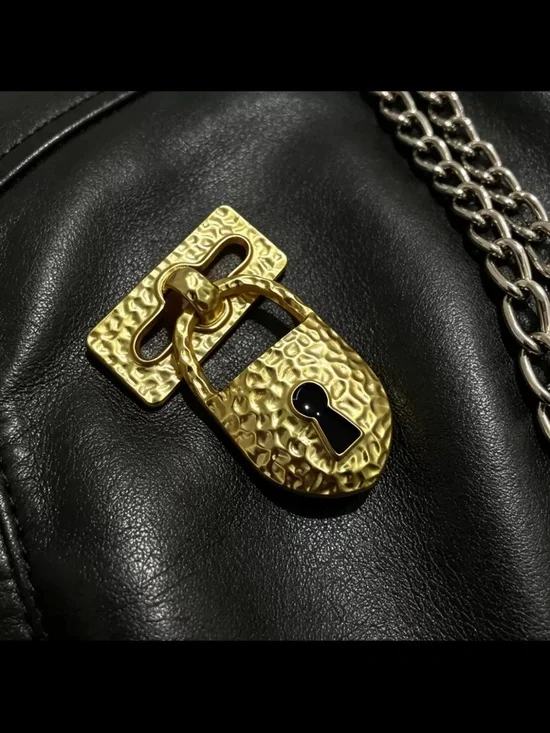 Men's Black Leather Chain Bag with Gold Padlock Accent