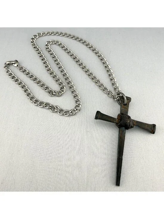 Handmade Iron Nail Cross Pendant Necklace Silver Tone Chain Rustic 24
