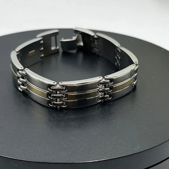Designer Signed Stainless Steel and‎ 14K Yellow Gold Accents Bracelet