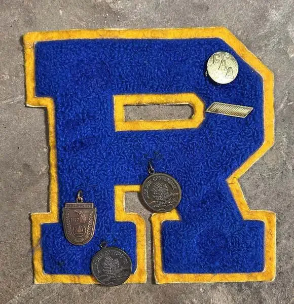Vintage Blue And Yellow R Chenille Varsity Letter with sports pins 1980