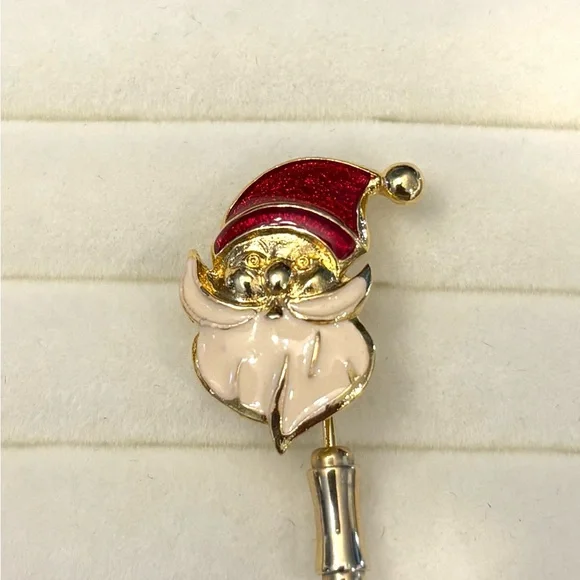 Santa Claus Lapel Pin Gold Tone Christmas‎ Festive Red White Enamel Tie Blazer