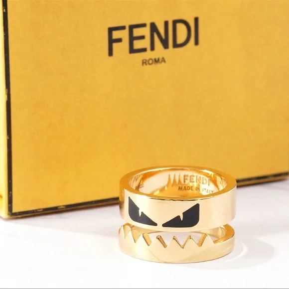 FENDI Ring Bugs Eye Monster Gold x Black Metal US 10.5