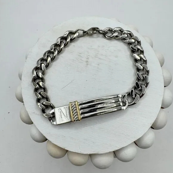 Sterling Silver 14k Gold Engraved N W ID Bracelet Dolan Bullock Curb Chain