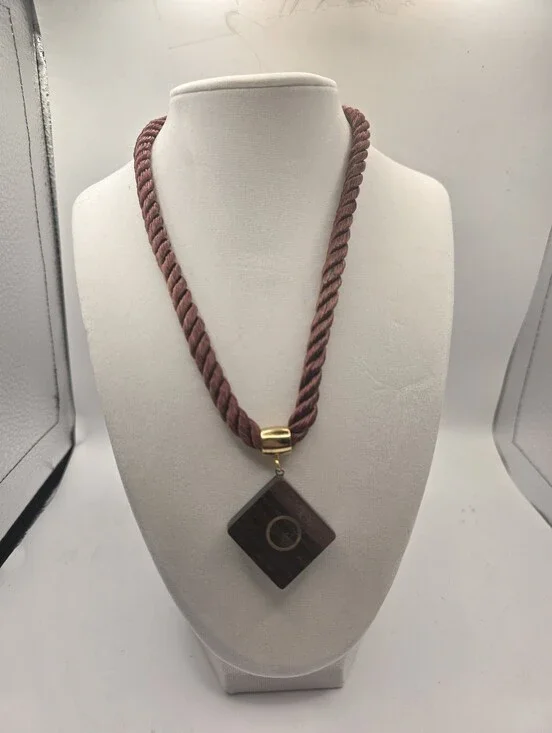 Vintage Wooden Diamond Pendant Cord Necklace Twisted Rope Gold Tone Barrel Clasp