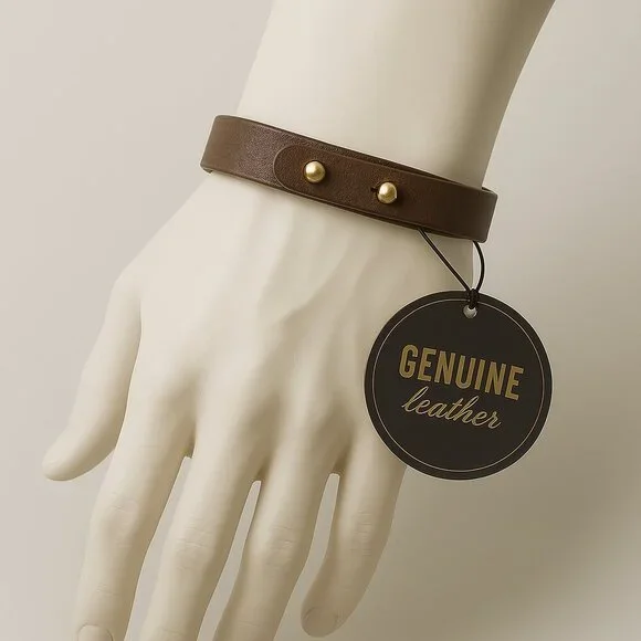 2/$30 Men's Brown Genuine Leather Bracelet – Adjustable Cuff w/ Gold Stud Detail