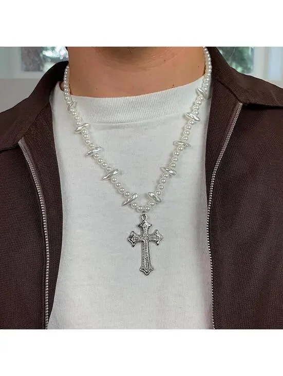 Cyber Grunge y2k Style Pearl Necklace with Gothic Silver Cross. 18-21 inches