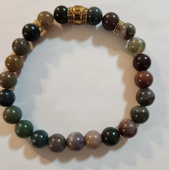 Hand Crafted Stretch Bracelet Gemstone with LOVE Bead Green Brown Antique Gold