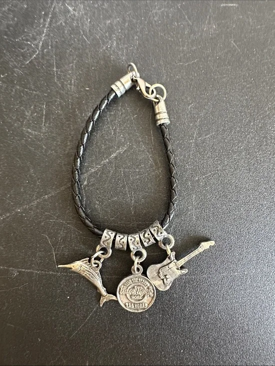 Hard Rock Cafe Las Vegas Black Braided Leather Charm Bracelet/Necklace Set