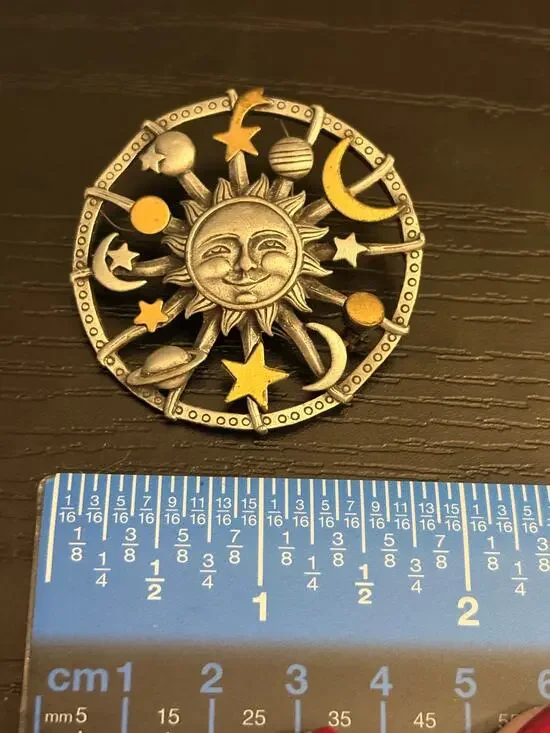 JJ Signed Pewter Celestial Sun Moon Stars Pin Stick Closure