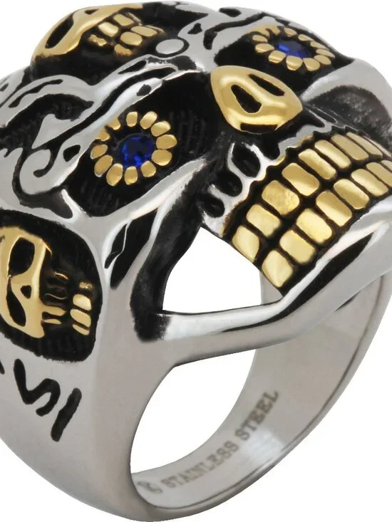316L Stainless Steel 18k  Gold Plated AAACubicZirconia Two-Tone Sugar Skull Ring