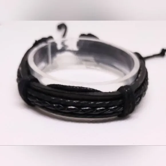 Men's bracelet leather braided layered‎ black new e99