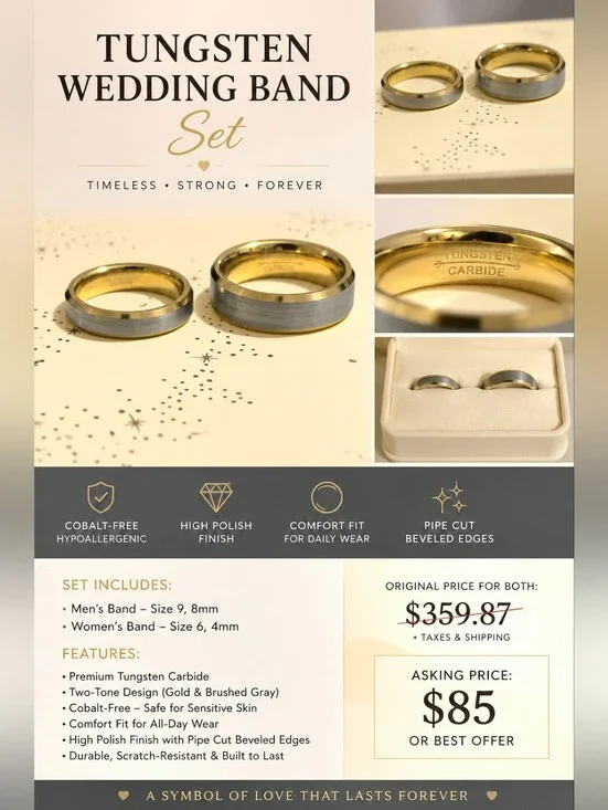 His & Hers Tungsten Carbide Wedding Band Set – Two-Tone Gold & Silver