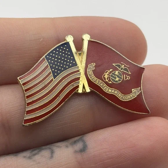 United States Marine Corps USMC American Flags Crossed Lapel Hat Pin