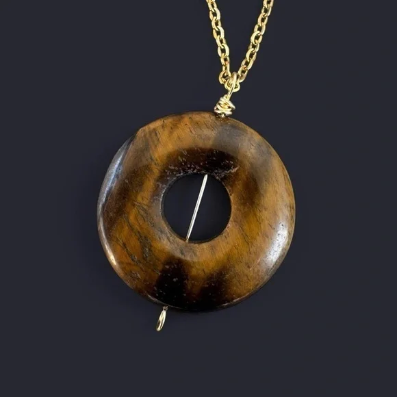 Tiger’s Eye Donut Pendant Gold Necklace