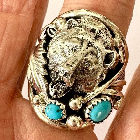 Bear Head Navajo Mens Ring Kingman Turquoise Sz 11 Sterling Signed‎ Sanders