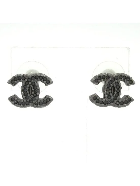 Chanel Earrings Silver Black CC Logo