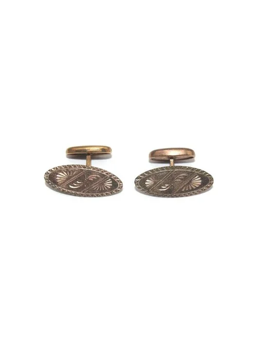 Antique Gold Tone Oval Cuff Links with Etched Design.