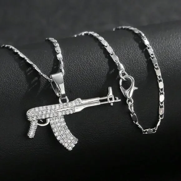 3for$20 1pc silver-Color Luxury Cubic Zirconia Men's Gun  Pendant necklace