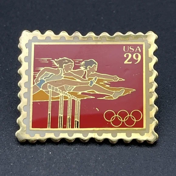 1992 Barcelona Summer Olympics‎ USPS Sponsor Hurdles Track Stamp Lapel Hat Pin