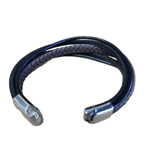 MEN'S Simone Black/Brown Leather Braided Bracelet In Stainless Steel. 8.5
