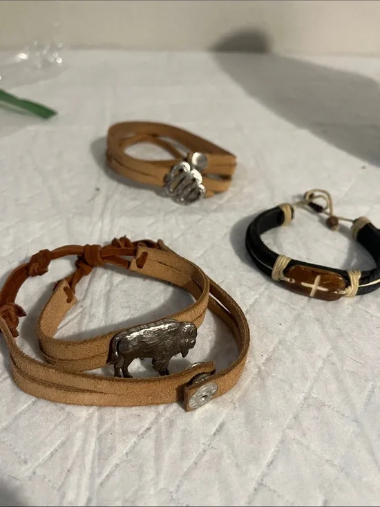 Vintage Tan Leather Wrap Bracelet with Silver Buffalo Charm