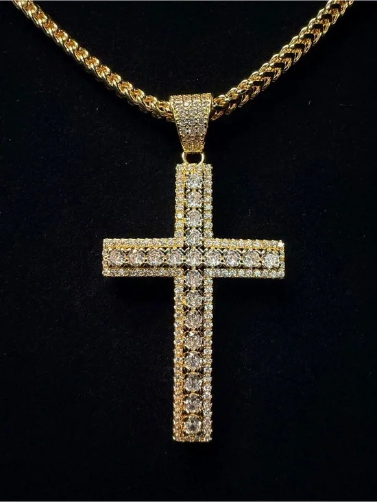 Iced Out Moissanite cross pendant 2.5in w/iced bell 14k gold finish (cross only)