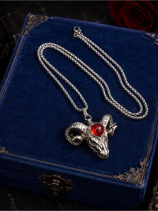 Silver Ram Head Pendant Necklace with Red Gem - Men Accessories