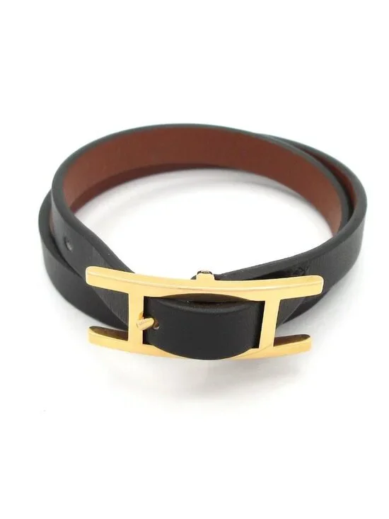 Hermes Bracelet Hapi 3 Leather Black Gold Reversible