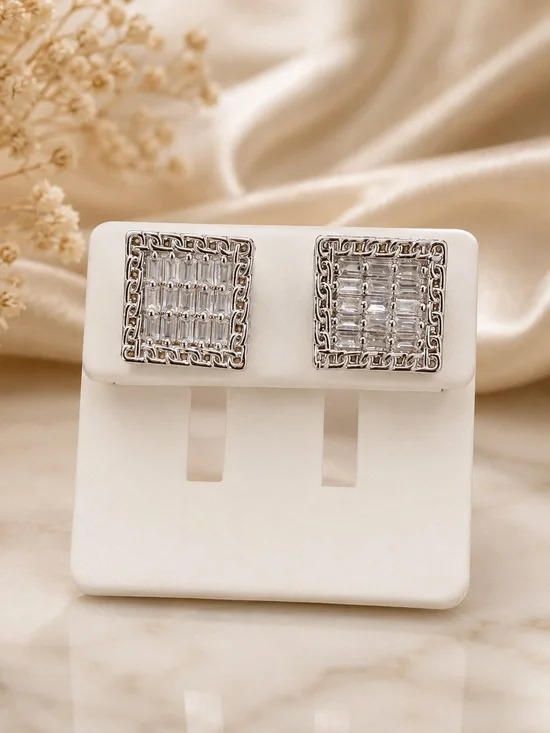 White Gold Filled Square AAAAA CZ Screw Back Stud Earrings - Unisex. Stamped