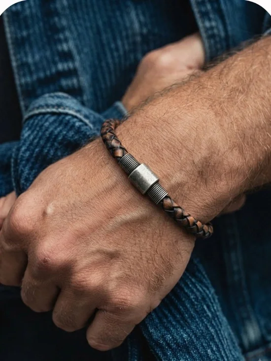 NEW Mens Bracelet Leather Braided 6mm Steel Magnetic Closure 8.5