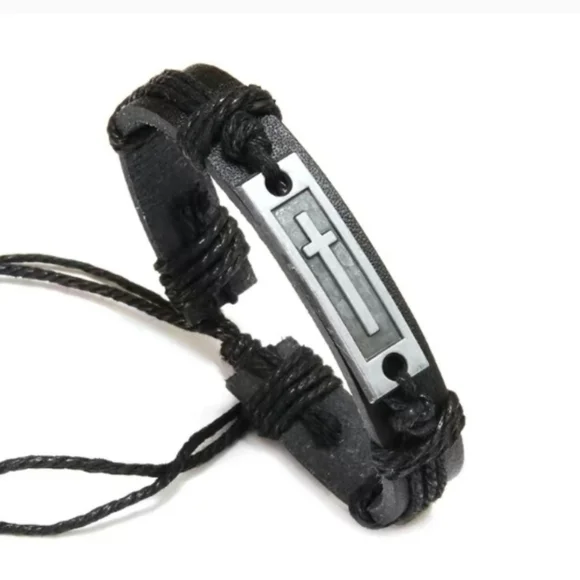 Vintage Religious Christian‎ Genuine Leather Adjustable Black Cross Men Womens