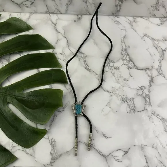 Vintage 90s Bolo Tie One Size Black Leather Silver Tone Metal Faux Turquoise
