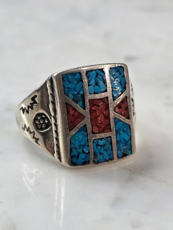 Mens Vintage Estate Sterling Silver Turquoise Coral Ring 19.5g E608