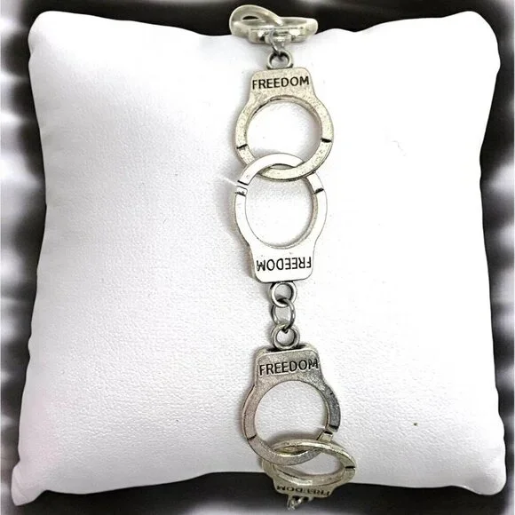 Silver Tone Handcuff Themed Freedom Charm Bracelet Toggle Clasp 8