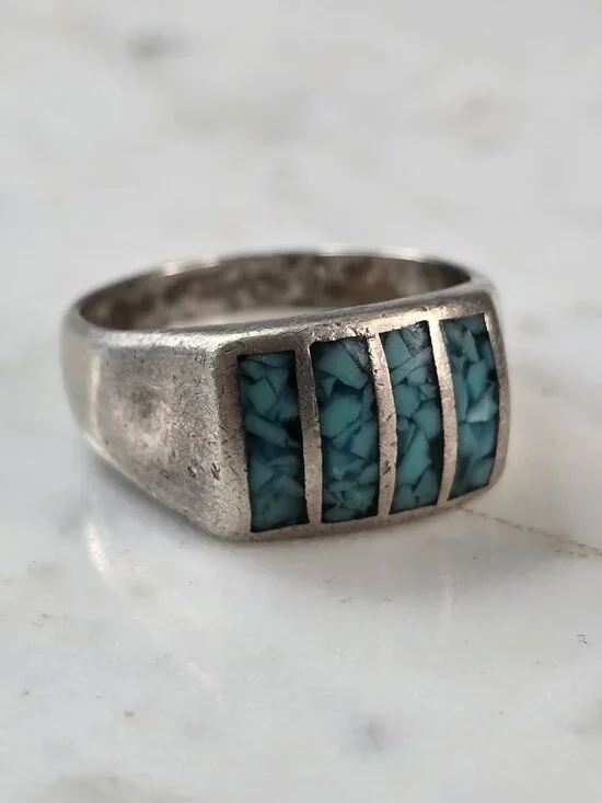 Mens Vintage Estate Southwestern Sterling Silver Turquoise Ring 10.6g E606