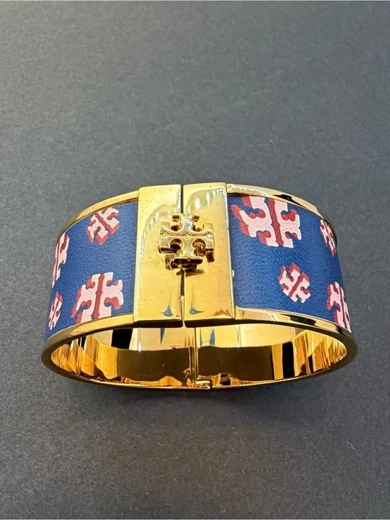 Tory Burch Gold-Tone Cuff Bracelet with Blue and Pink Motif