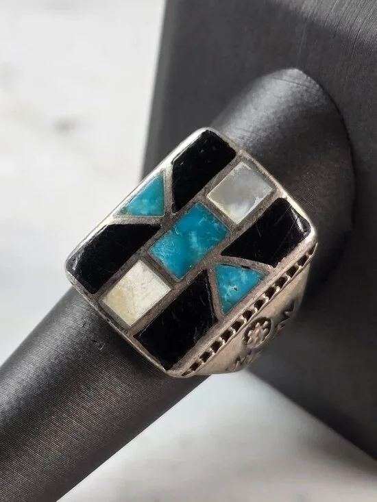 Mens Vintage Sterling Silver Southwestern Turquoise MOP Onyx Ring 13.1g E605
