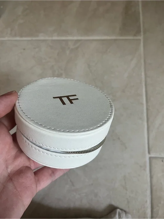 Tom Ford White Round Leather Jewelry Case with Gold TF Logo